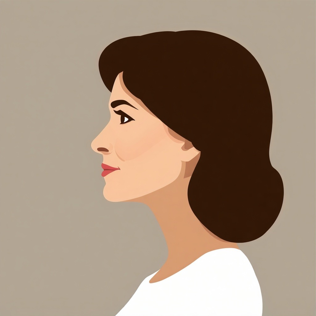 a left profile view of a flat avatar in 2 dimensional art of a woman with brown hair and middle age