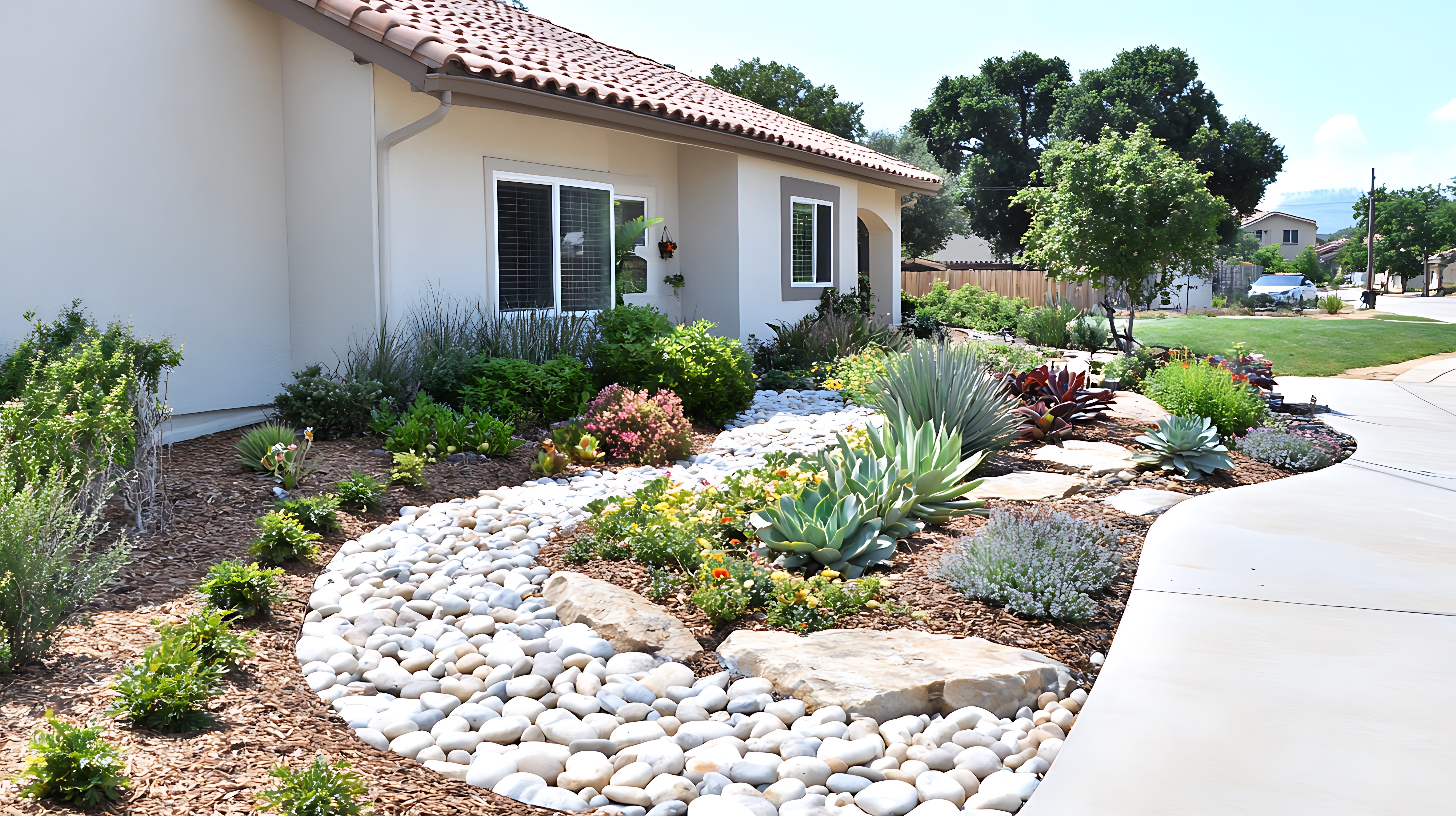 socal home with dry creek and native plants